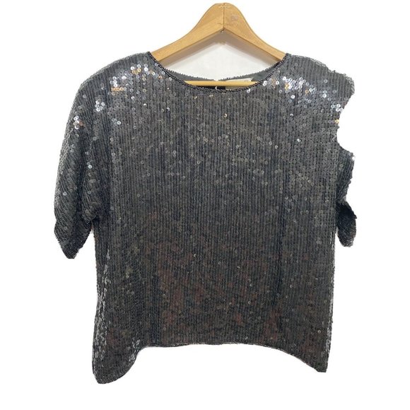 Rina Z Womens Vintage Sequin Beaded Top Sz L Black Short Sleeve Shoulder Pads - Picture 1 of 4